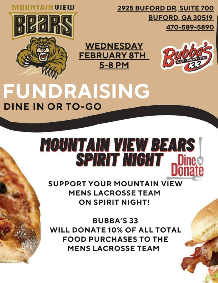 Support High School Sports: Mountain View Men's Lacrosse Team Spirit Night at Bubba's 33!